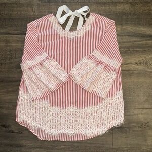 Grand & Greene Women's L Top Pink Striped Bell Sleeves Coquette Style Blouse